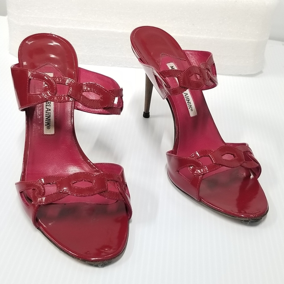Manolo Blahnik patent Leather Red Stiletto Heels slippers Slides mules sandals - Picture 8 of 15